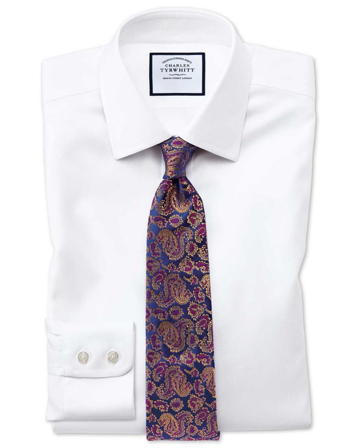  Slim Fit Non-iron Step Weave White Cotton Dress Shirt Single Cuff Size 16/33 By Charles Tyrwhitt