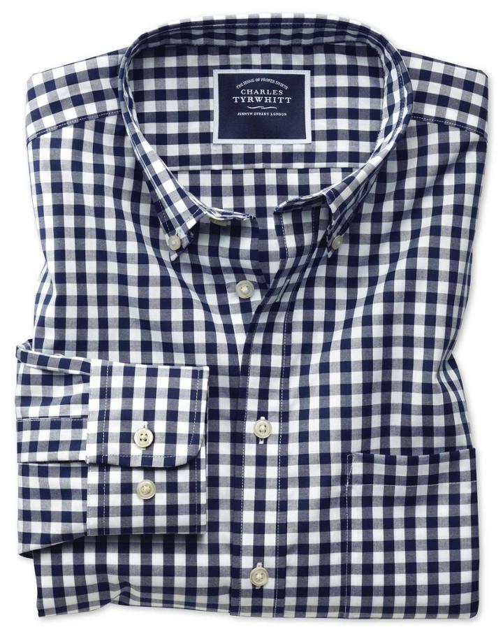  Classic Fit Non-iron Navy Gingham Poplin Cotton Casual Shirt Single Cuff Size Xl By Charles Tyrwhitt