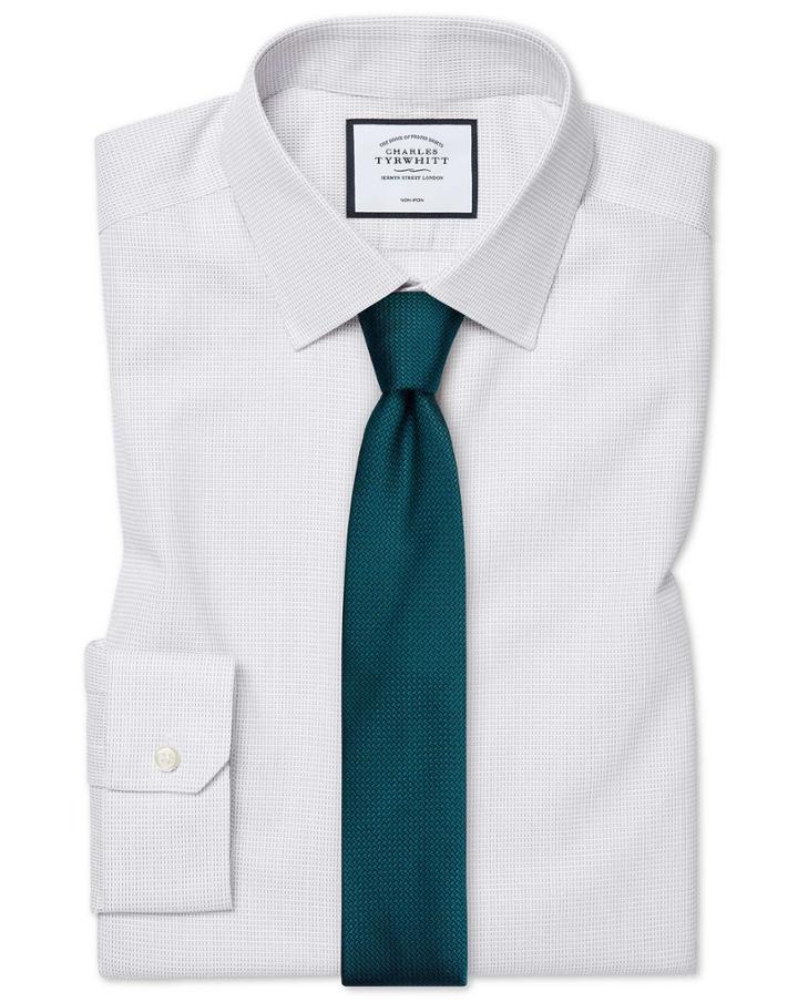  Super Slim Fit Non-iron Dash Weave Grey Cotton Dress Shirt Single Cuff Size 14/33 By Charles Tyrwhitt