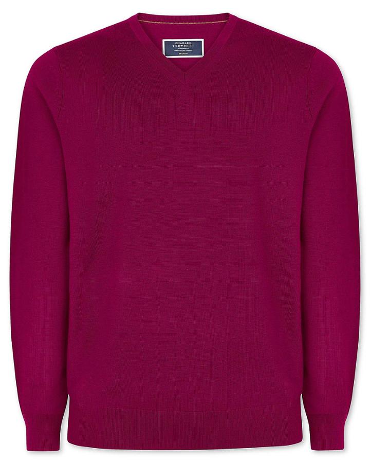  Dark Pink Merino V Neck 100percent Merino Wool Sweater Size Large By Charles Tyrwhitt
