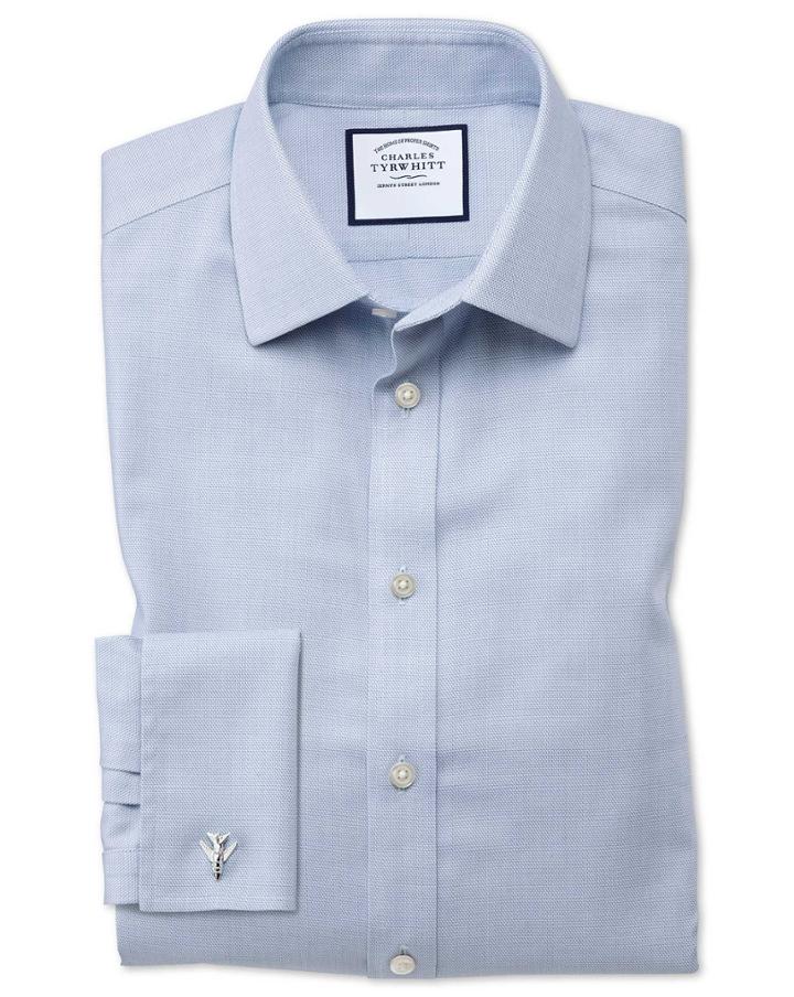 Charles Tyrwhitt Slim Fit Non-iron Step Weave Mid Blue Cotton Dress Shirt Single Cuff Size 14.5/33 By Charles Tyrwhitt