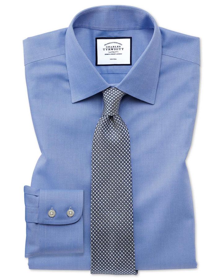  Slim Fit Non-iron Blue Royal Panama Cotton Dress Shirt Single Cuff Size 14.5/32 By Charles Tyrwhitt