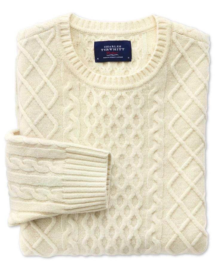 Charles Tyrwhitt Cream Lambswool Cable Crew Neck Sweater Size Xl By Charles Tyrwhitt