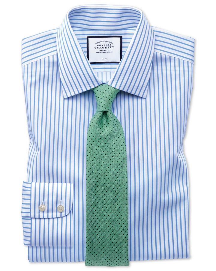  Extra Slim Fit Non-iron Sky Blue Stripe Twill Cotton Dress Shirt French Cuff Size 14.5/32 By Charles Tyrwhitt