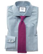  Slim Fit Non-iron Twill Teal Gingham Cotton Dress Shirt French Cuff Size 15/33 By Charles Tyrwhitt