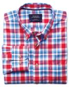  Slim Fit Button-down Poplin Sky Blue And Red Check Cotton Casual Shirt Single Cuff Size Medium By Charles Tyrwhitt