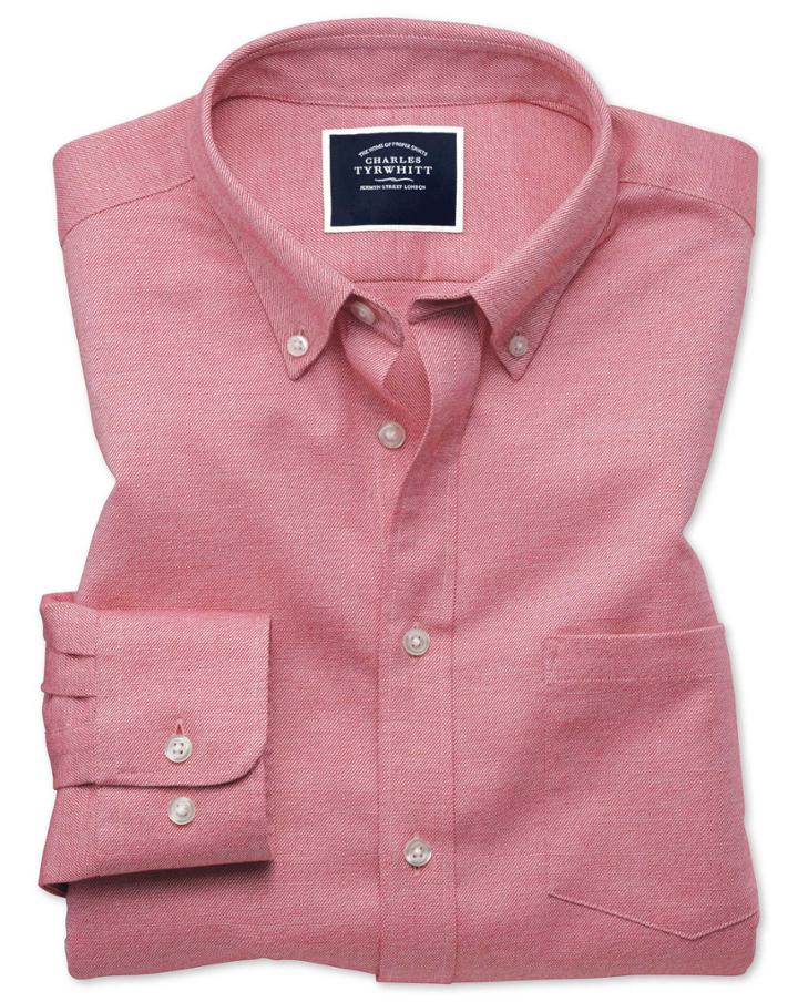  Classic Fit Light Red Plain Soft Washed Non-iron Twill Cotton Casual Shirt Single Cuff Size Medium By Charles Tyrwhitt