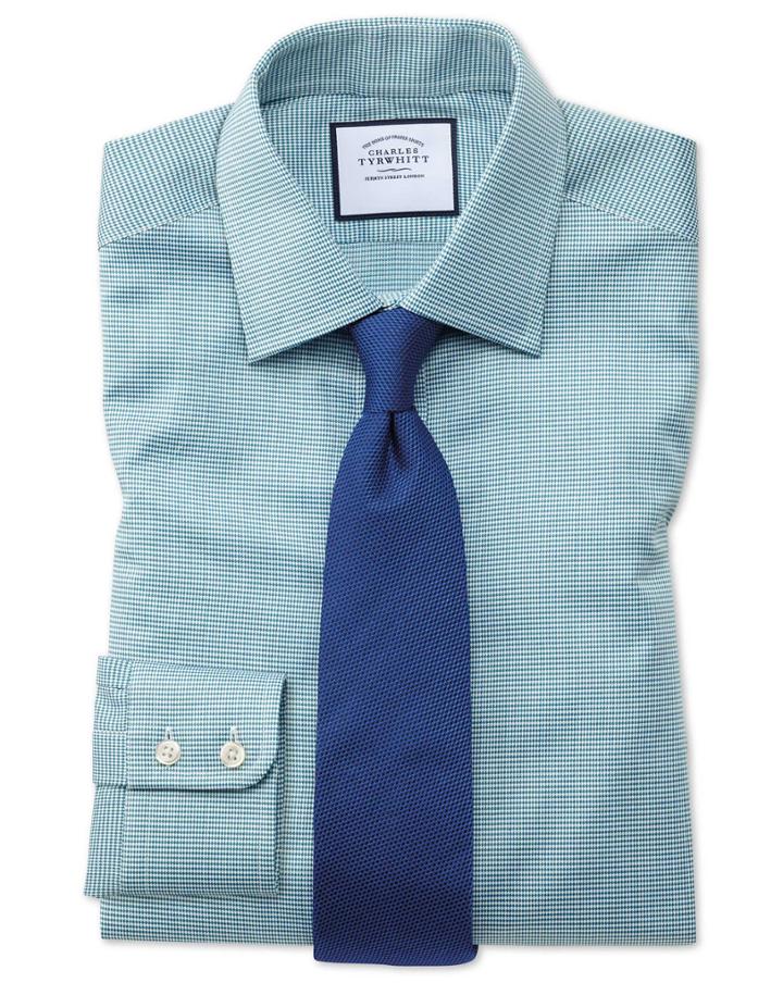  Classic Fit Teal Small Puppytooth Egyptian Cotton Dress Shirt French Cuff Size 16/35 By Charles Tyrwhitt