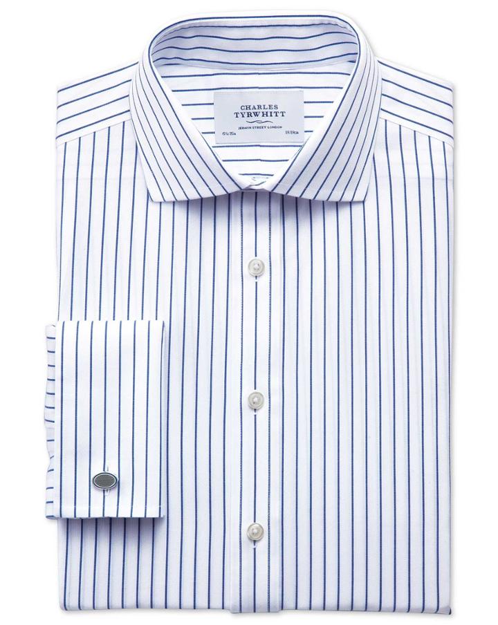 Charles Tyrwhitt Charles Tyrwhitt Slim Fit Spread Collar Non Iron Stripe White And Navy Cotton Dress Shirt Size 14.5/32