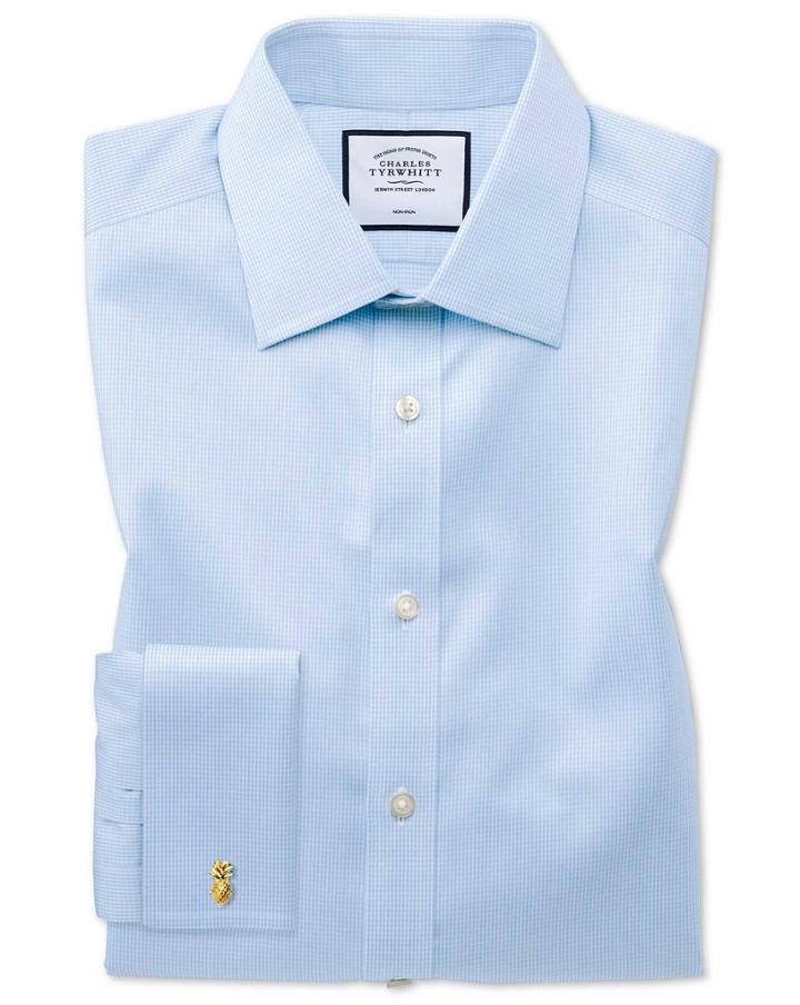  Classic Fit Non-iron Sky Blue Puppytooth Cotton Dress Shirt French Cuff Size 15/33 By Charles Tyrwhitt