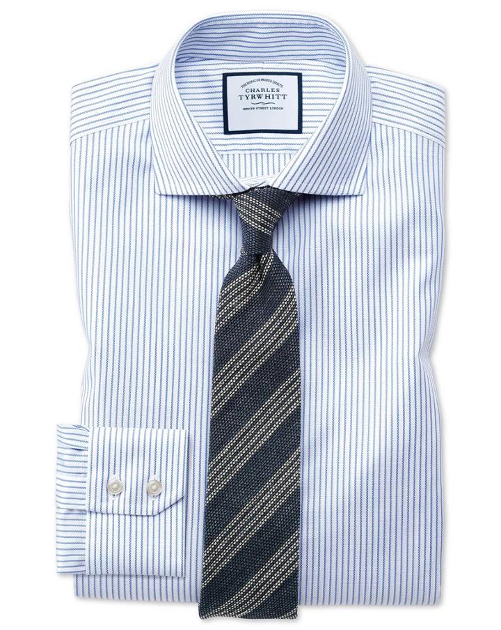 Charles Tyrwhitt Slim Fit Spread Collar Non-iron Cotton Stretch Oxford Stripe Blue And White Dress Shirt Single Cuff Size 14.5/33 By Charles Tyrwhitt