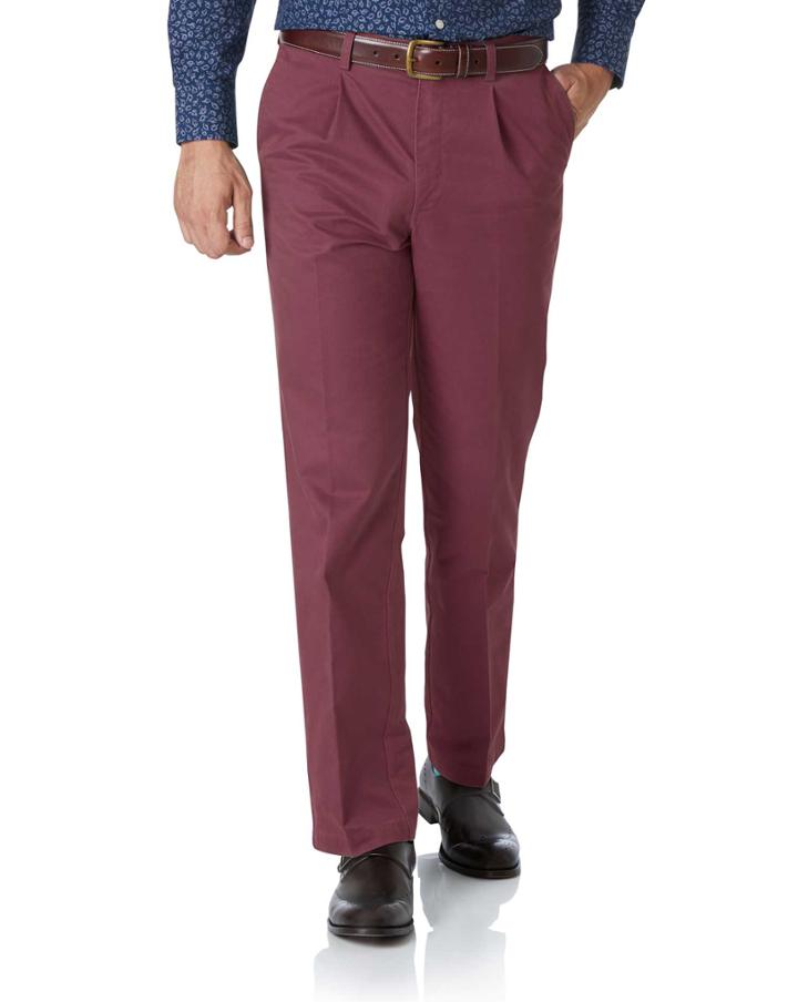 Dark Pink Classic Fit Single Pleat Washed Cotton Chino Pants Size W32 L32 By Charles Tyrwhitt