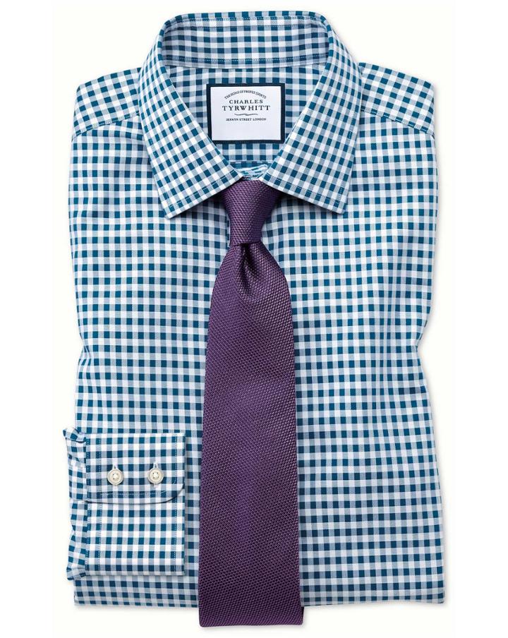Charles Tyrwhitt Slim Fit Non-iron Gingham Teal Cotton Dress Shirt Single Cuff Size 15/34 By Charles Tyrwhitt