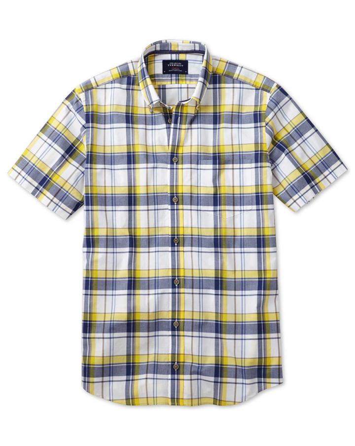 Charles Tyrwhitt Charles Tyrwhitt Slim Fit Poplin Short Sleeve Navy And Yellow Check Cotton Dress Shirt Size Large