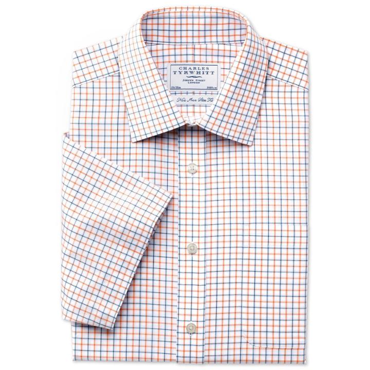 Charles Tyrwhitt Charles Tyrwhitt Orange And Blue Grid Check Non-iron Slim Fit Short Sleeve Shirt (15)