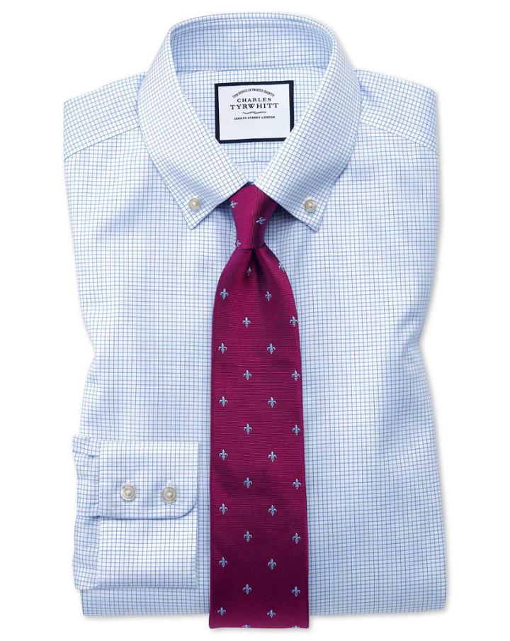Charles Tyrwhitt Slim Fit Button-down Non-iron Twill Mini Grid Check Sky Blue Cotton Dress Shirt Single Cuff Size 14.5/32 By Charles Tyrwhitt