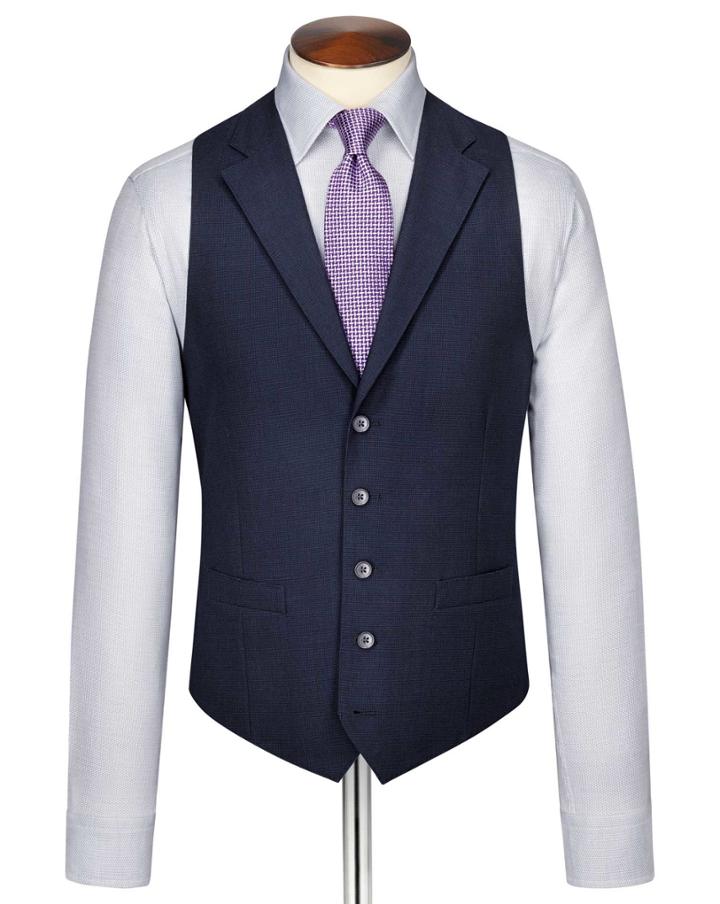 Charles Tyrwhitt Charles Tyrwhitt Indigo Blue Puppytooth Panama Business Suit Wool Vest Size W40