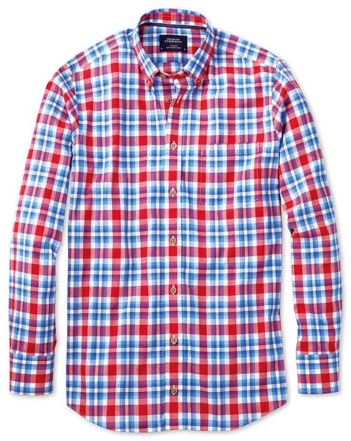 Charles Tyrwhitt Slim Fit Button-down Poplin Sky Blue And Red Check Cotton Casual Shirt Single Cuff Size Large By Charles Tyrwhitt