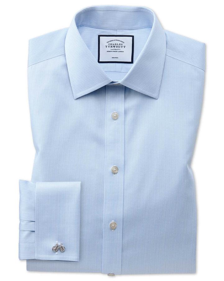  Slim Fit Non-iron Puppytooth Sky Blue Cotton Dress Shirt French Cuff Size 14.5/33 By Charles Tyrwhitt