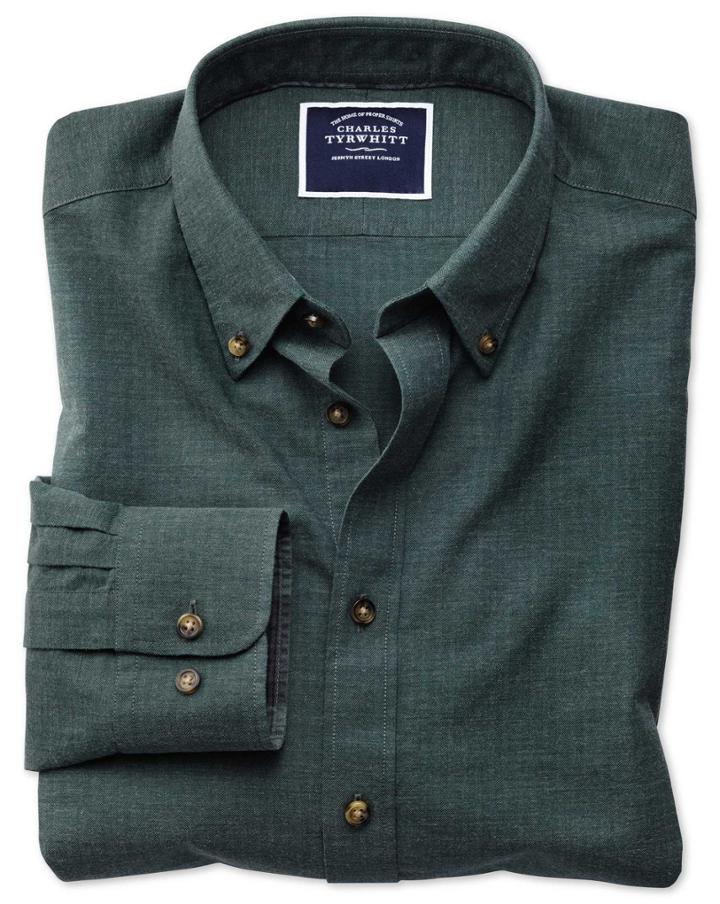  Extra Slim Fit Green Herringbone Melange Cotton Casual Shirt Single Cuff Size Xl By Charles Tyrwhitt
