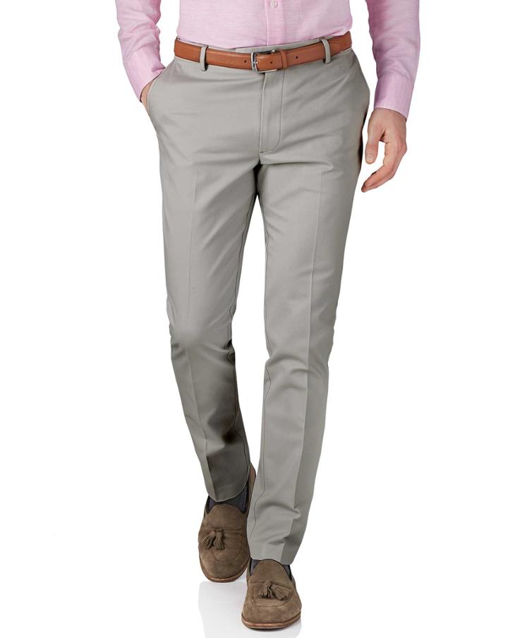 Charles Tyrwhitt Silver Grey Extra Slim Fit Flat Front Non-iron Cotton Chino Pants Size W30 L30 By Charles Tyrwhitt