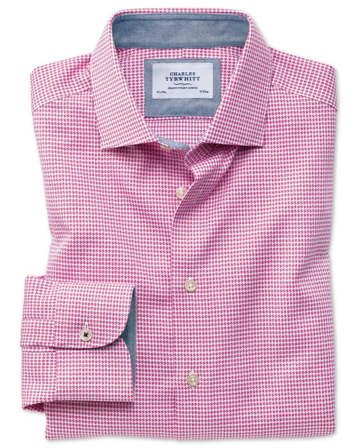 Charles Tyrwhitt Classic Fit Semi-spread Collar Business Casual Non-iron Pink Puppytooth Cotton Dress Shirt Single Cuff Size 15.5/33 By Charles Tyrwhitt