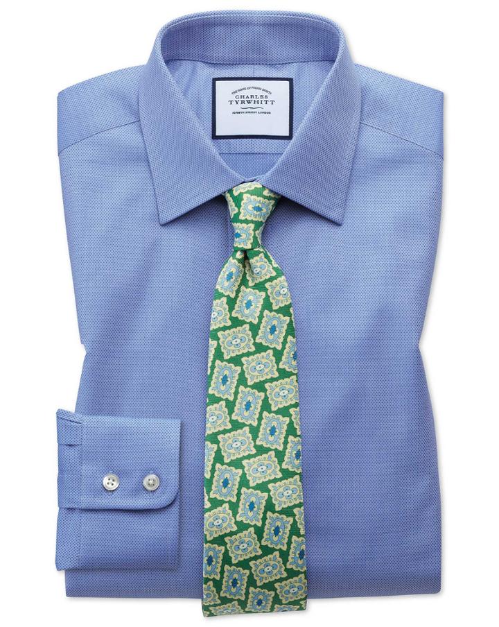  Slim Fit Egyptian Cotton Trellis Weave Mid Blue Dress Shirt Single Cuff Size 16/35 By Charles Tyrwhitt