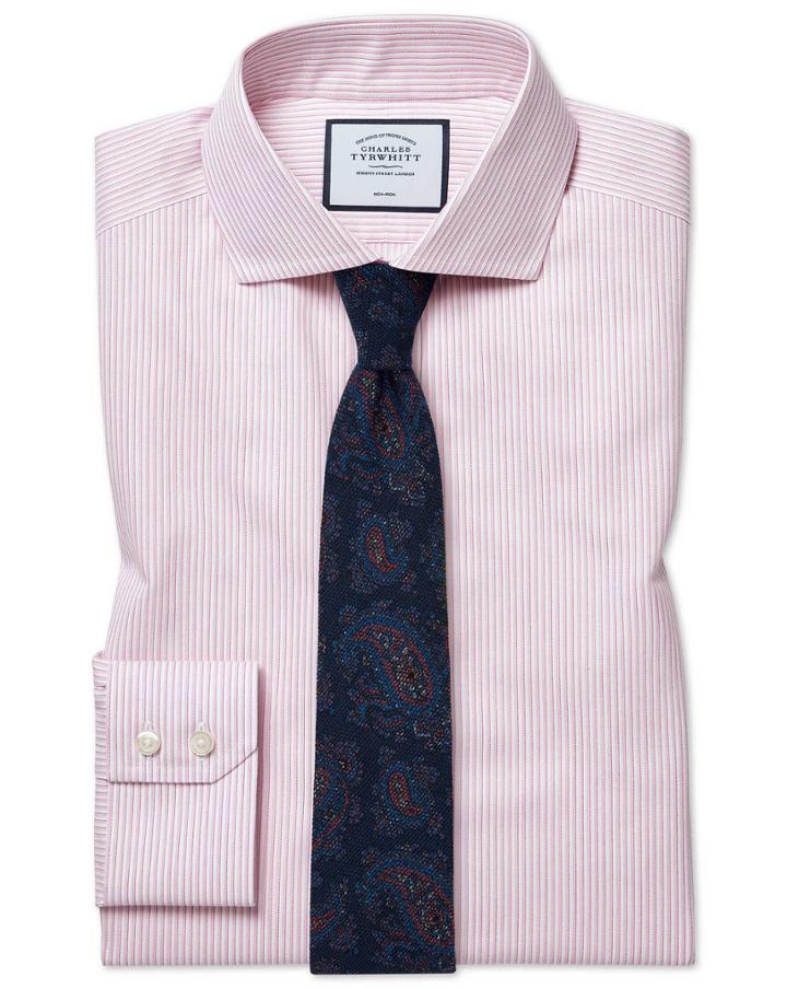  Extra Slim Fit Cutaway Collar Non-iron Soft Twill Pink Stripe Cotton Dress Shirt Single Cuff Size 14.5/32 By Charles Tyrwhitt