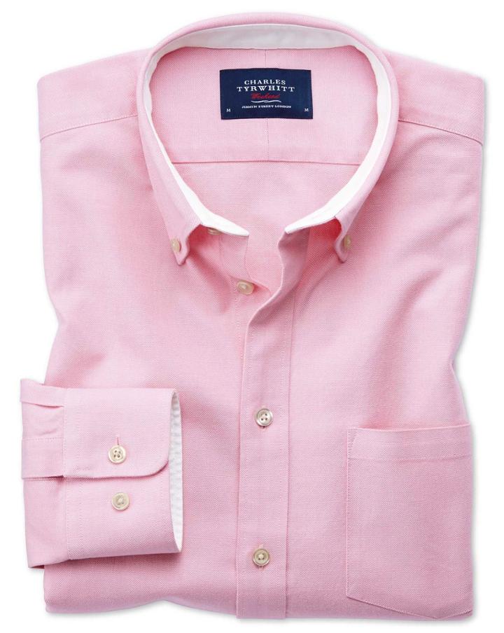 Charles Tyrwhitt Slim Fit Button-down Washed Oxford Plain Light Pink Cotton Casual Shirt Single Cuff Size Medium By Charles Tyrwhitt