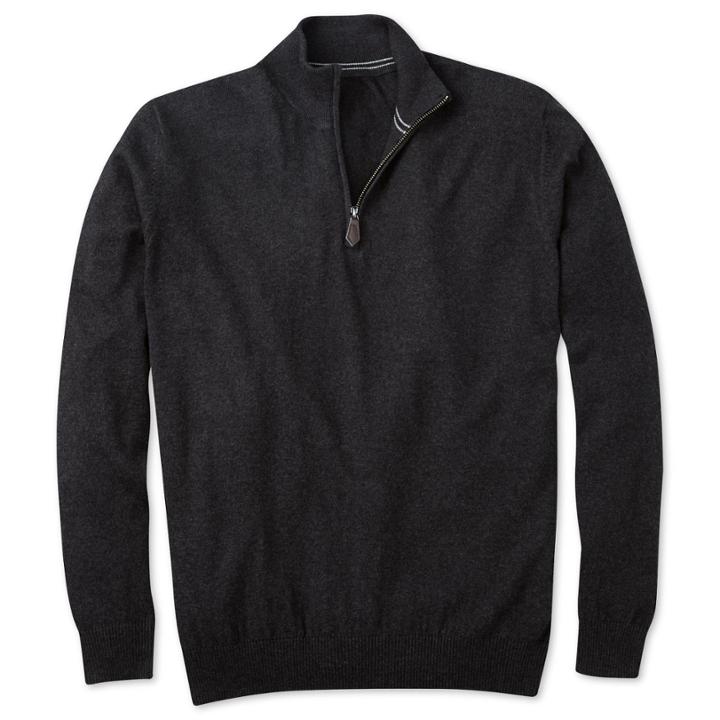 Charles Tyrwhitt Charles Tyrwhitt Charcoal Cotton Cashmere Zip Neck Sweater (l)