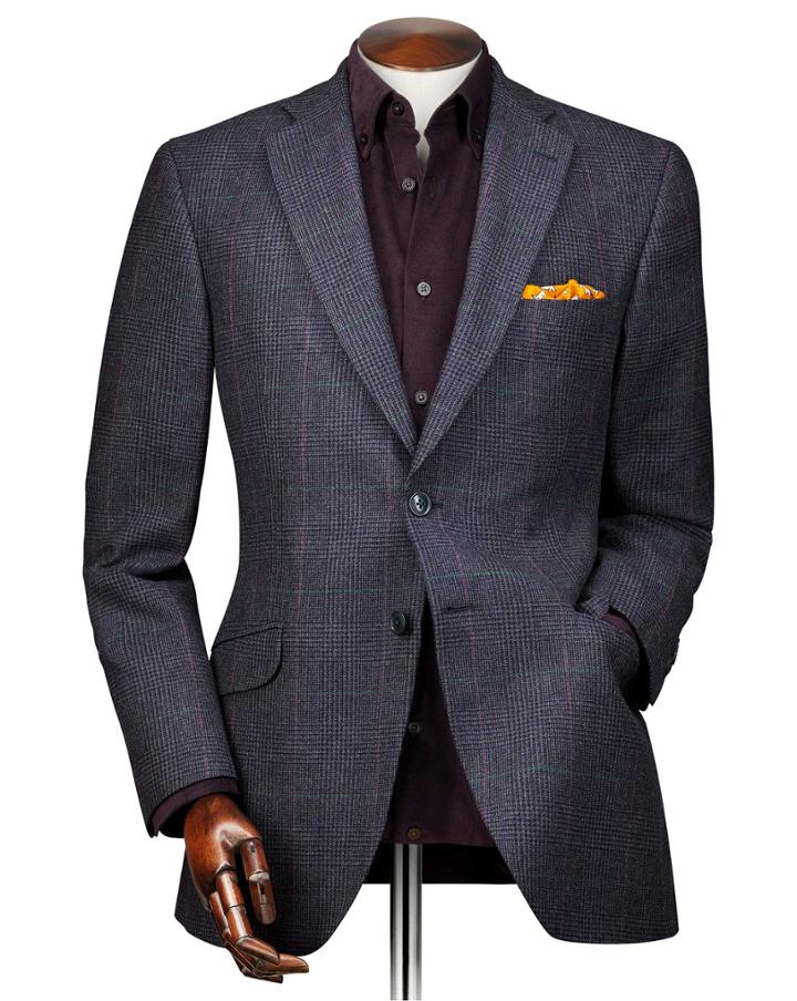  Classic Fit Blue Checkered Cashmere And Wool Cotton/cashmere Jacket Size 38 By Charles Tyrwhitt