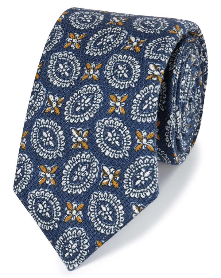  Navy Motif Print Luxury Italian Cotton Linen Tie By Charles Tyrwhitt
