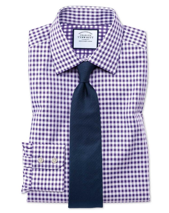 Charles Tyrwhitt Extra Slim Fit Non-iron Gingham Purple Cotton Dress Shirt Single Cuff Size 15/32 By Charles Tyrwhitt