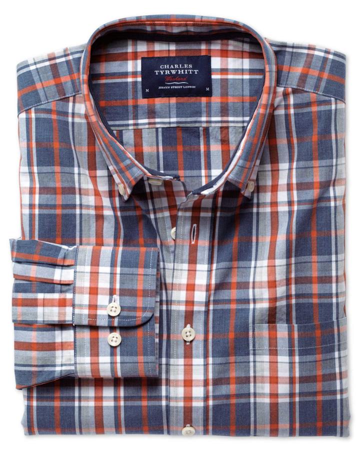 Charles Tyrwhitt Charles Tyrwhitt Slim Fit Blue And Orange Check Washed Cotton Dress Shirt Size Large