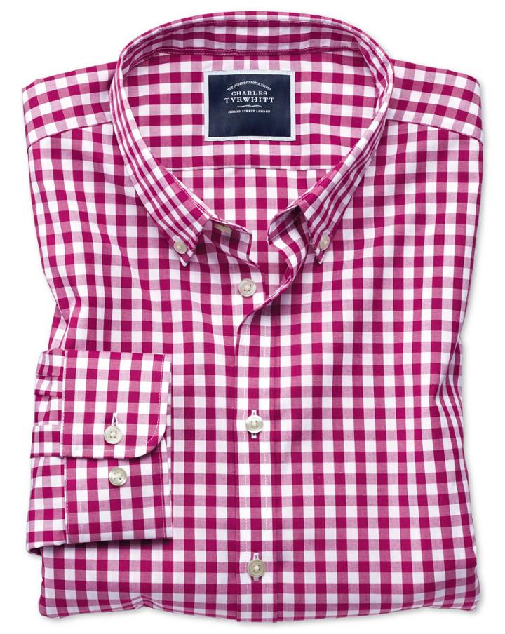  Extra Slim Fit Non-iron Raspberry Gingham Poplin Cotton Casual Shirt Single Cuff Size Xxl By Charles Tyrwhitt