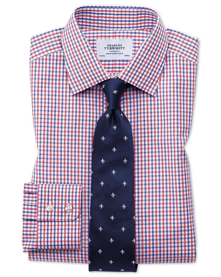  Classic Fit Two Color Check Red And Blue Cotton Dress Shirt French Cuff Size 17.5/34 By Charles Tyrwhitt