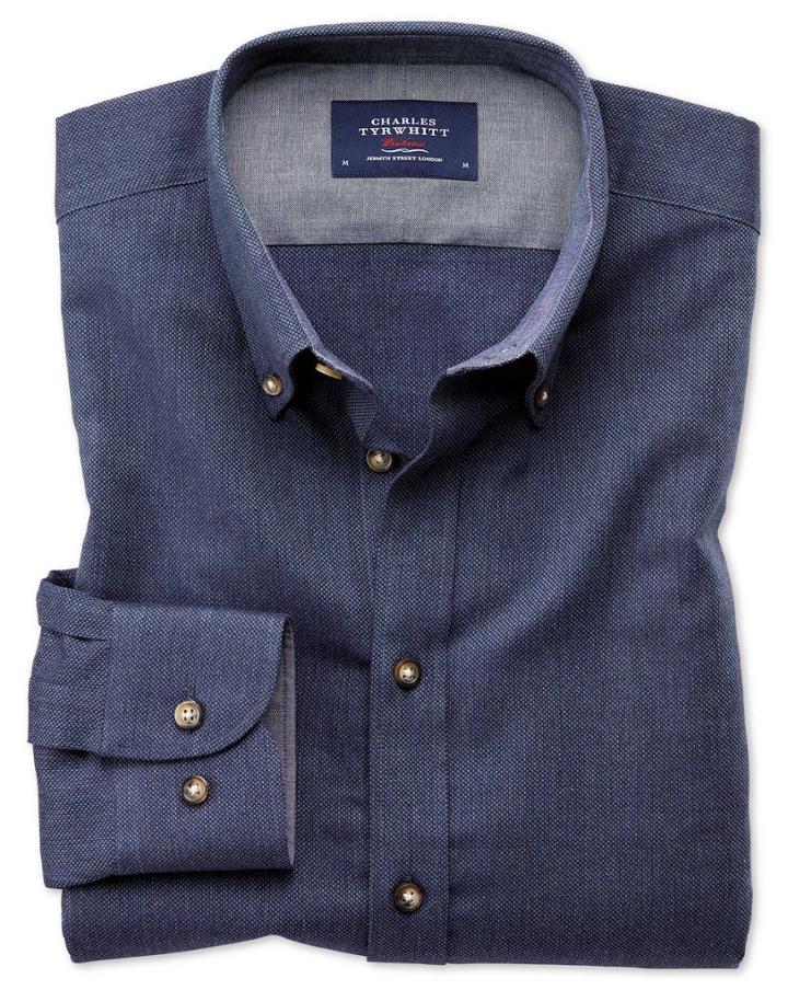 Charles Tyrwhitt Slim Fit Button-down Soft Cotton Plain Blue Casual Shirt Single Cuff Size Medium By Charles Tyrwhitt