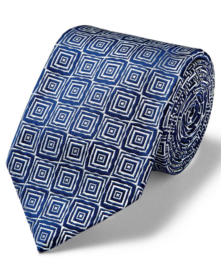  Silver And Navy Square Geometric English Luxury Silk Tie By Charles Tyrwhitt