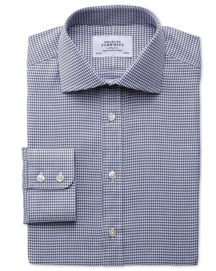 Charles Tyrwhitt Charles Tyrwhitt Extra Slim Fit Semi-spread Collar Melange Puppytooth Indigo Cotton Dress Shirt Size 16/38