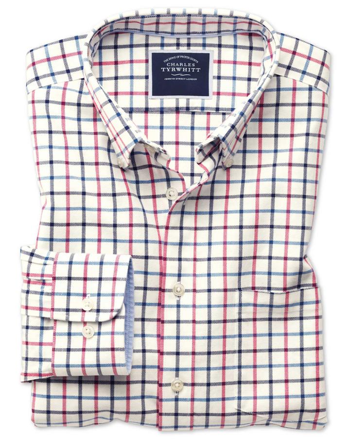  Slim Fit Button-down Washed Oxford Navy And Pink Check Cotton Casual Shirt Single Cuff Size Large By Charles Tyrwhitt