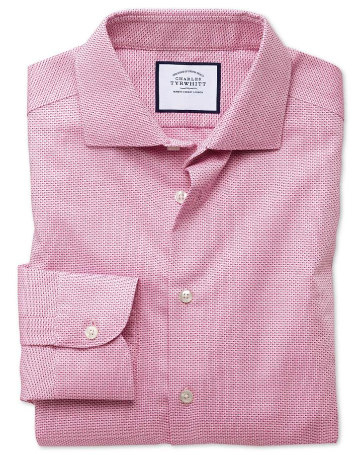  Extra Slim Fit Business Casual Non-iron Modern Textures Pink Dash Cotton Dress Shirt Single Cuff Size 14.5/32 By Charles Tyrwhitt