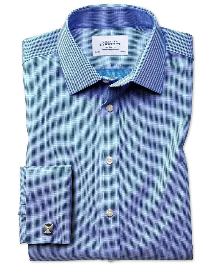 Charles Tyrwhitt Extra Slim Fit Non-iron Square Weave Blue Cotton Dress Casual Shirt Single Cuff Size 14.5/32 By Charles Tyrwhitt