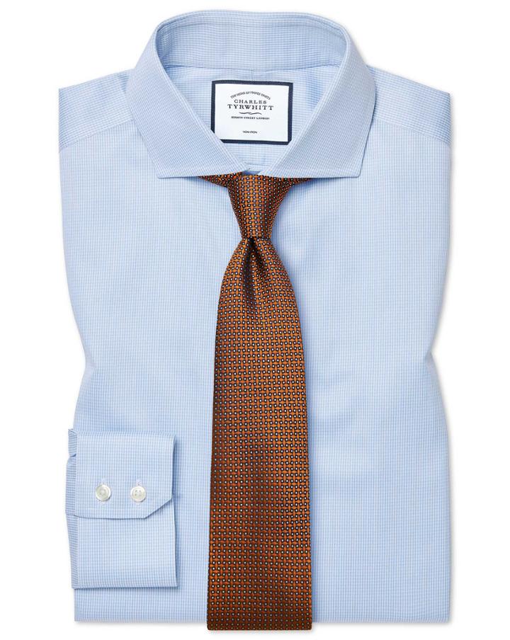  Slim Fit Non-iron Cutaway Sky Blue Puppytooth Cotton Dress Shirt French Cuff Size 14.5/33 By Charles Tyrwhitt