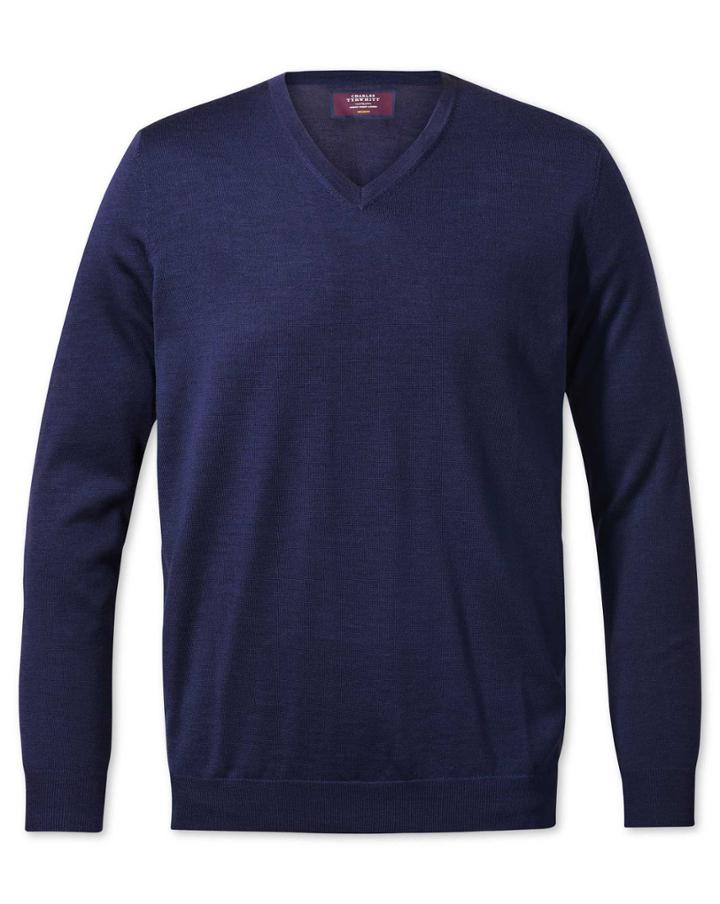  Blue V-neck Merino-silk Wool Sweater Size Large By Charles Tyrwhitt
