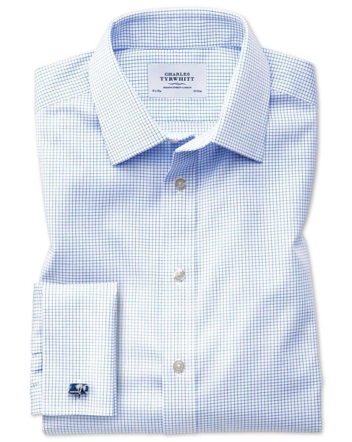 Charles Tyrwhitt Extra Slim Fit Non-iron Twill Mini Grid Check Sky Blue Cotton Dress Shirt Single Cuff Size 15.5/35 By Charles Tyrwhitt