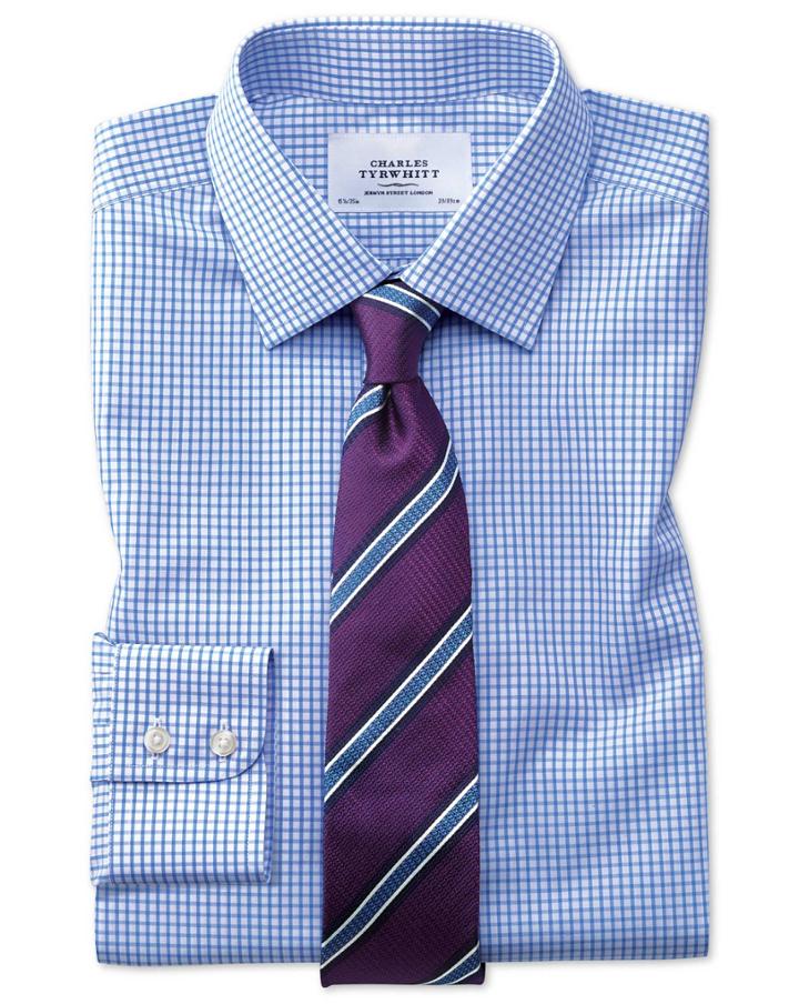  Classic Fit Non-iron Grid Check Sky Blue Cotton Dress Shirt Single Cuff Size 16.5/34 By Charles Tyrwhitt