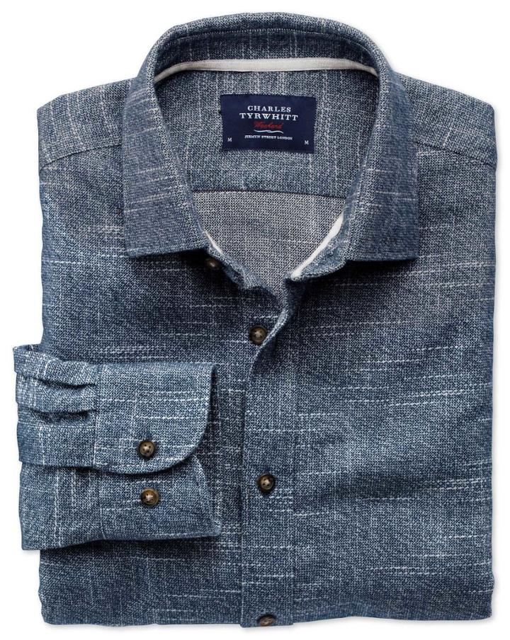 Charles Tyrwhitt Classic Fit Slub Cotton Blue And White Casual Shirt Single Cuff Size Xl By Charles Tyrwhitt