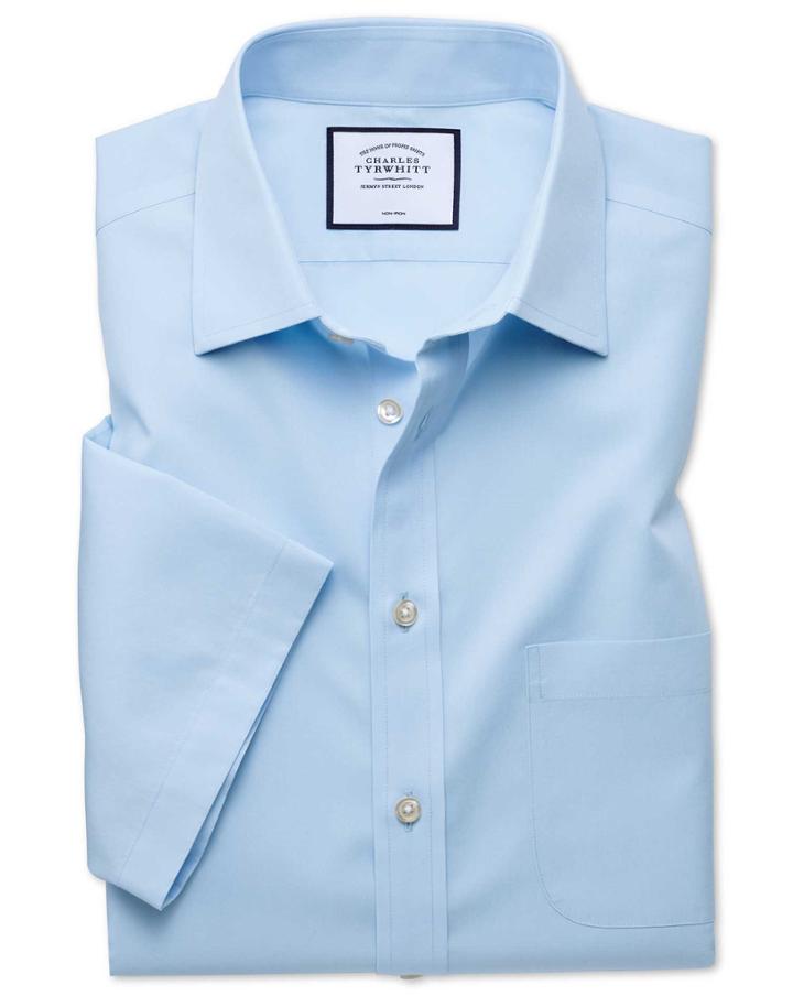  Slim Fit Non-iron Sky Blue Tyrwhitt Cool Short Sleeve Cotton Dress Shirt Size 14.5/short By Charles Tyrwhitt