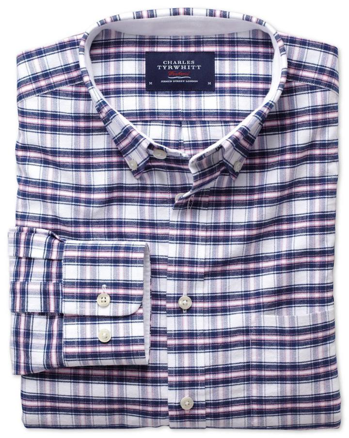 Charles Tyrwhitt Charles Tyrwhitt Slim Fit Navy And Pink Check Washed Oxford Cotton Dress Shirt Size Large