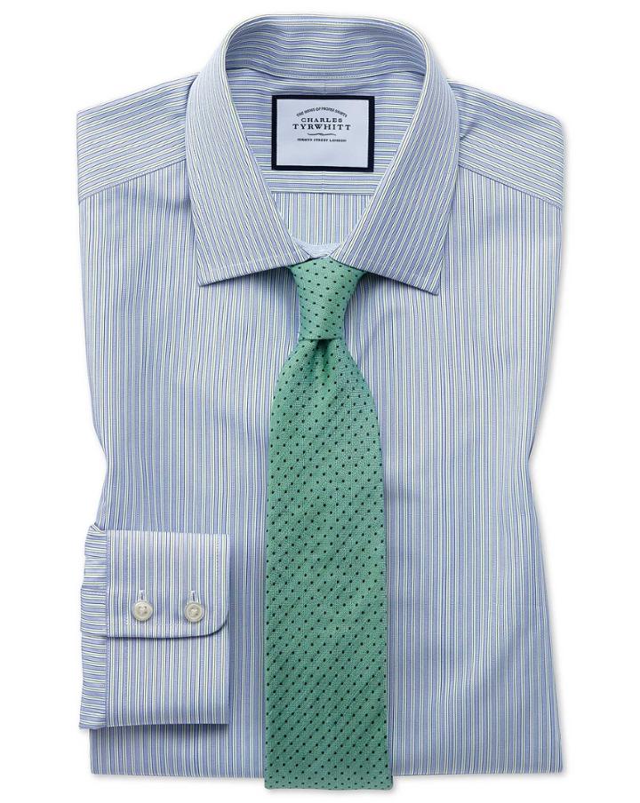  Slim Fit Egyptian Cotton Poplin Blue And Green Fine Stripe Dress Shirt Single Cuff Size 15/32 By Charles Tyrwhitt